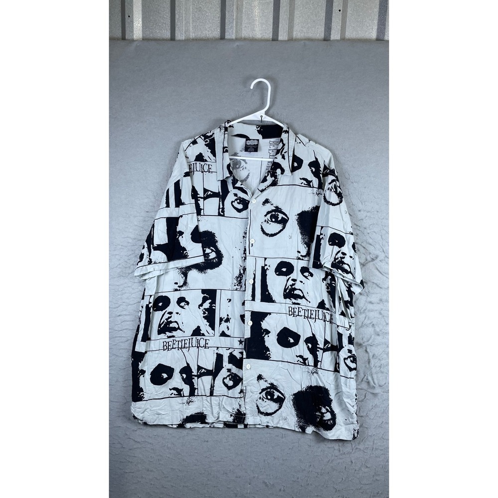 Beetlejuice Button Down Shirt Mens XL White Excellent Graphic Print Rayon Movie